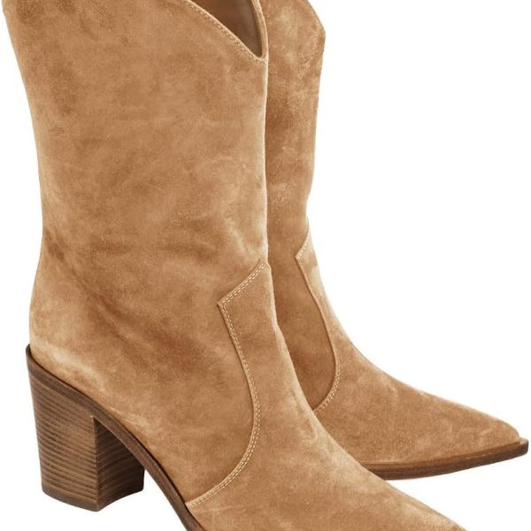 Womens Cowboy Mid Calf Boots Chunky Block Heel Pointed Toe Suede Western Cowgirl Boots