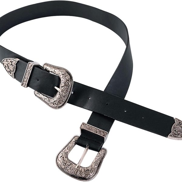 Women Vintage Western Waist Belt Double Buckle Belt PU Leather Waistband for Jeans Dress