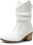 Women's Modern Western Cowboy Boots, Mid Calf Round toe Chunky Heel Cowgirl Country Ankle Boots with Pull On Tabs