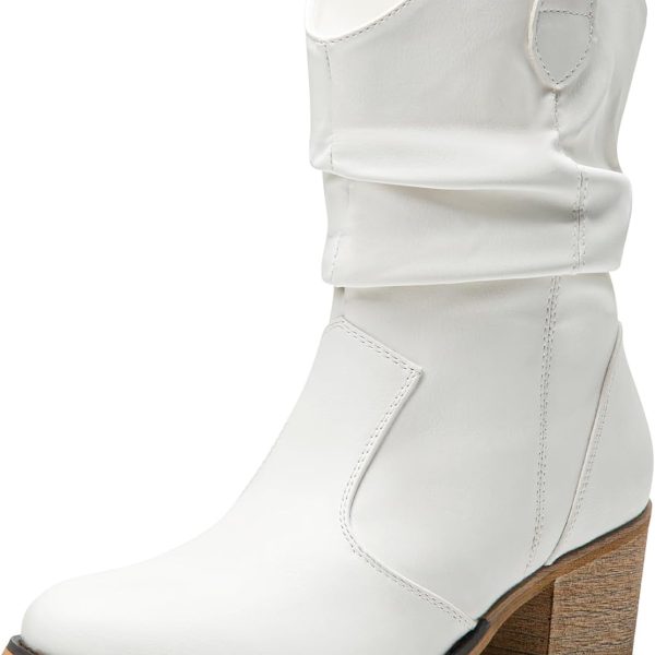 Women's Modern Western Cowboy Boots, Mid Calf Round toe Chunky Heel Cowgirl Country Ankle Boots with Pull On Tabs