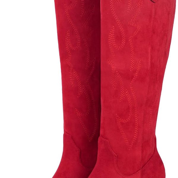 Cowgirl Boots Women Knee High Boots Pointed Toe and Block Heel Cowboy Suede and Faux Leather Western Boots with Embroidered and Side Zipper, Retro Classic Country Boots Pull On for Ladies