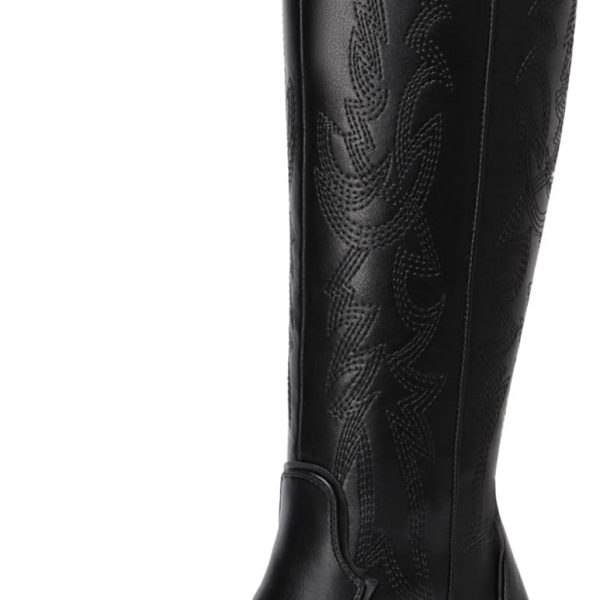 Womens Cowboy Boots Wide Calf Comfortable Pull On Zipper Chunky Heel Pointed Toe Embroidered Western Cowgirl Knee High Boots Ladies Retro Tall Boot