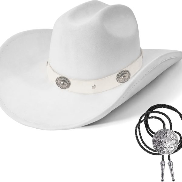 Western Cowboy Hat for Men Women,Shapeable Wide Brim Felt Fedora Classic Cowgirl Hats for Cowboys and Cowgirls,with bolo tie