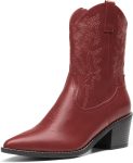 Women's Cowboy Boots, Pointed Toe Chunky Heel, Zipper Pull-On Stitched Western Ankle Boots