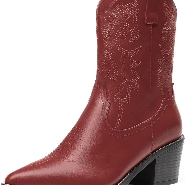 Women's Cowboy Boots, Pointed Toe Chunky Heel, Zipper Pull-On Stitched Western Ankle Boots