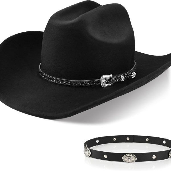100% Wool Western Cowboy Hat for Men Women Classic Fedora Hat Felt Cowgirls Hats with Two Decorative Bands