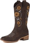 Cowboy Boots for Women - Mid Calf Western Sunflower Cowgirl Boots with Floral Embroidery, Square Toe Stitched Pull On Retro Design, Perfect for Country Idyll, Concerts and More