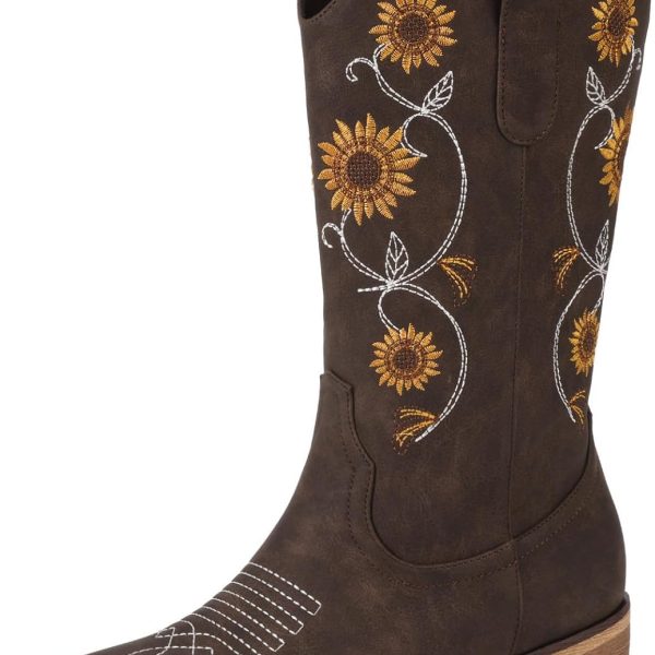 Cowboy Boots for Women - Mid Calf Western Sunflower Cowgirl Boots with Floral Embroidery, Square Toe Stitched Pull On Retro Design, Perfect for Country Idyll, Concerts and More