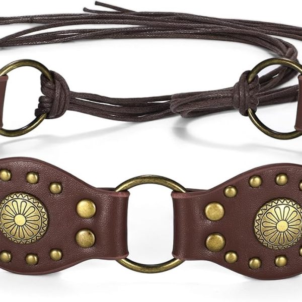 Women Western Bohemian Rope Braid Belt with Metal Rings, Rivets & Engraved Discs, Versatile for Festival Street Style