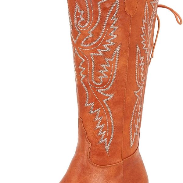 Wide Calf Cowboy Boots Women Knee High Tall Western Cowgirl Boots Adjustable Lace Up Plus Size Comfortable 2-Inch Heel