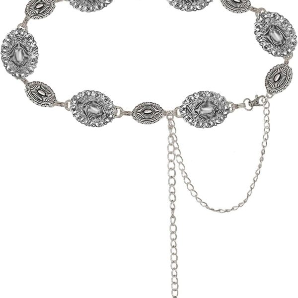 Western--Belt-Women Cowgirl-Metal-Belts Boho Silver Vintage Turquoise Chain Belt for Dress Jeans