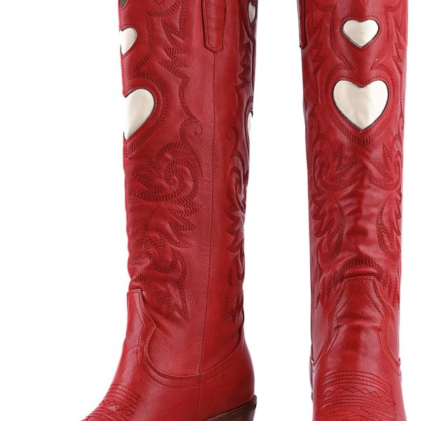 Cowboy Boots for Women Wide Calf Round Toe Chunky Stacked Heel Knee High Cowgirl Boot Heart Pattern Classic Embroidered Tall Western Booties Pull on