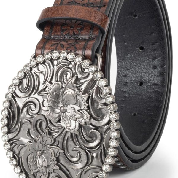 Womens-Western-Belt Rhinestone-Cowboy-Cowgirl Belt - Embossed PU-Leather Belt with Diamond Flower-Buckle(for 31-38'')