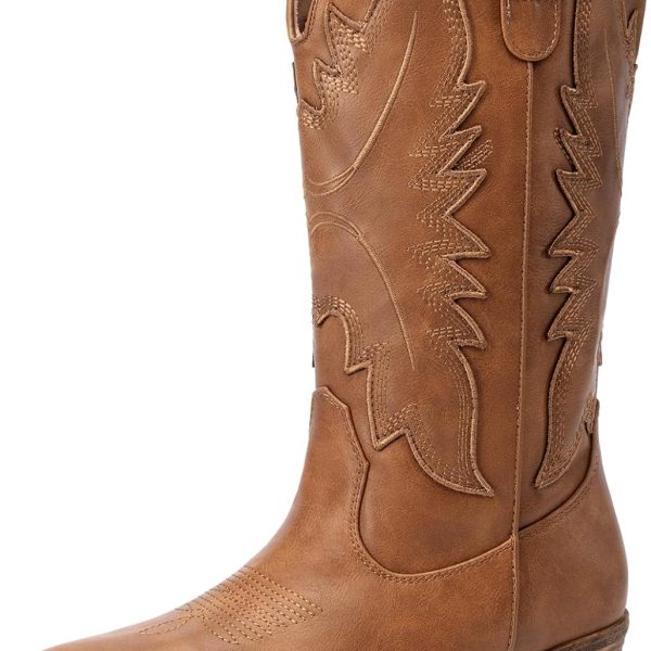Cowboy Boots for Women Cowgirl Western Mid Calf Boots Snip Toe Embroidered Stitched Low Chunky Heel Pull On Fashion Boots