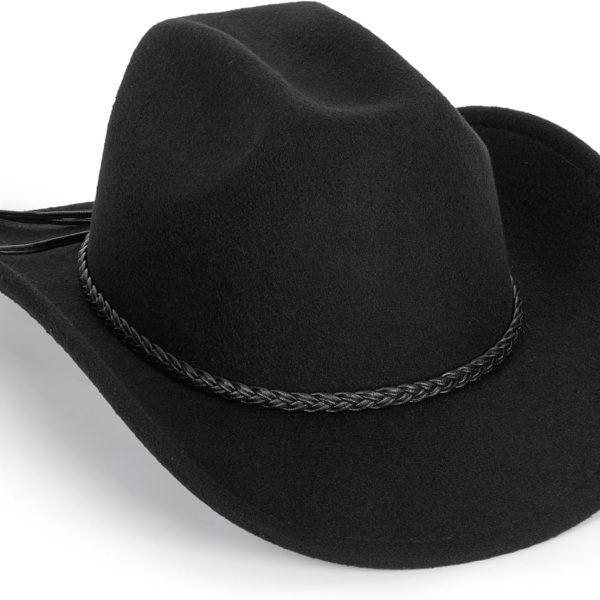 Vintage Western Cowboy Hat for Men Women - Wide Brim Cowgirl Fedora Hats with Braided Rope Band M