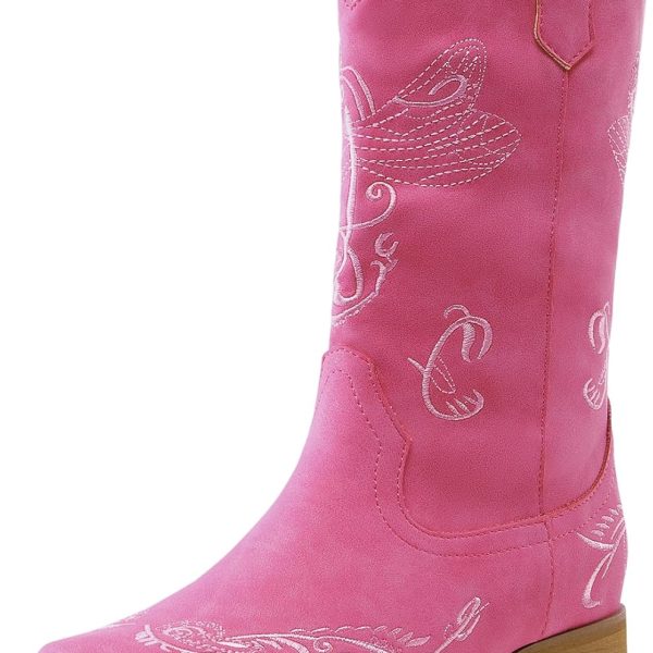 Women's Square Toe Cowboy Cowgirl Boots Pull On Low Chunky Heel Mid Calf Western Boots with Embroidered Stitched for Theme Party Country Concert