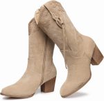 Cowboy Cowgirl Boots for Women: Western Country High Heel Boots Suede Zipper Mid Calf Booties