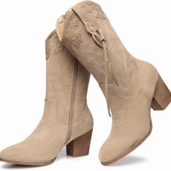 Cowboy Cowgirl Boots for Women: Western Country High Heel Boots Suede Zipper Mid Calf Booties
