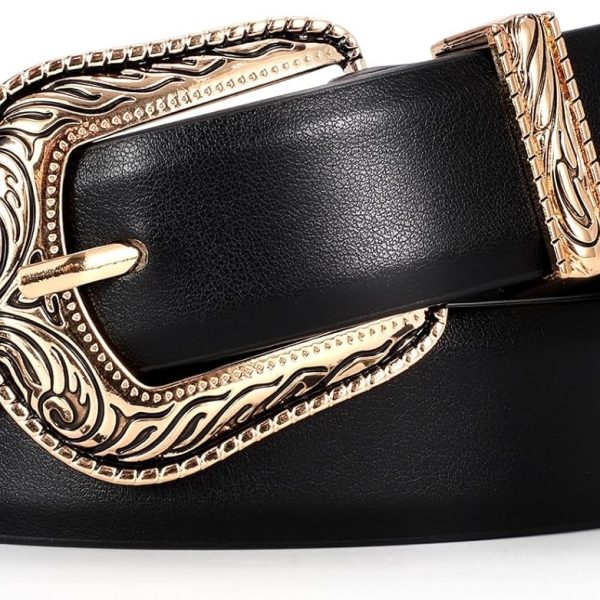 Western Women Leather Belts for Jeans Dresses with Vintage Metal Buckle