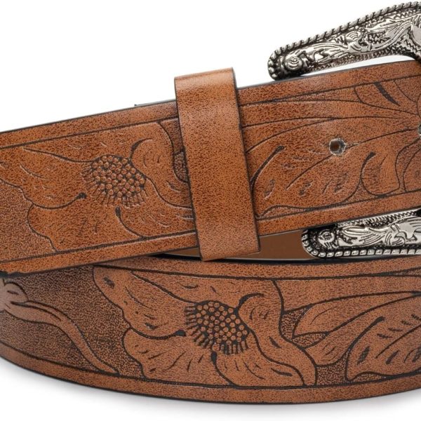 Adjustable-Vintage-Western-Cowboy-Belt Women Men - Cowboy-Style Engraved-Buckle Belt for Jeans Pants Dresses