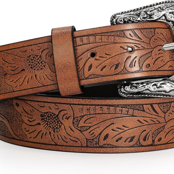 Adjustable Vintage Western Belts for Women Men Cowboy Cowgirl Belt Engraved Buckle Belt for Jeans Pants Dresses