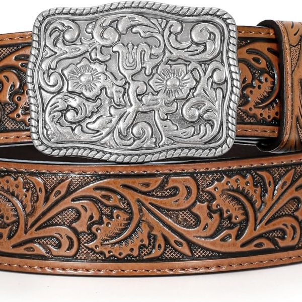 Western Belts for Women Men Cowgirl Cowboy Embossed Engraved Tooled Leather Belt with Buckle for Jeans Pants Rodeo