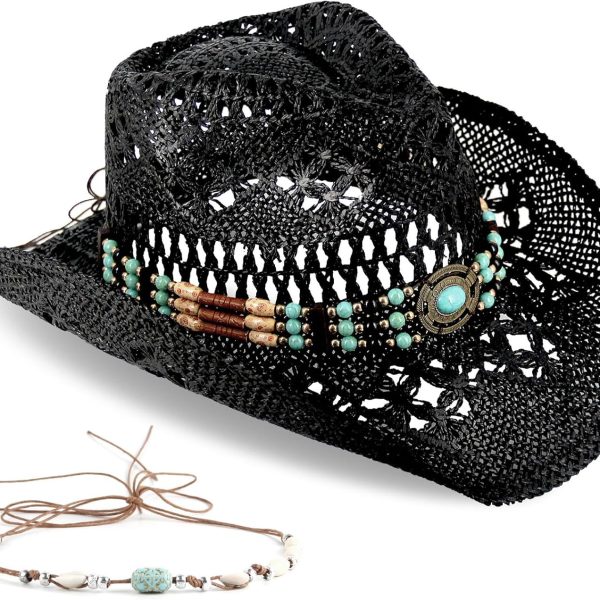 Men's Women's Straw Cowboy Hat Cowgirl Woven Sun Hat Western Cowboy Hat Two Decorative Bands