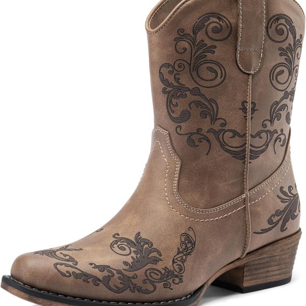 Women's Cowboy Cowgirl Western Ankle Boots Low Chunky Heels Square Toe Fall Short Booties Shoes