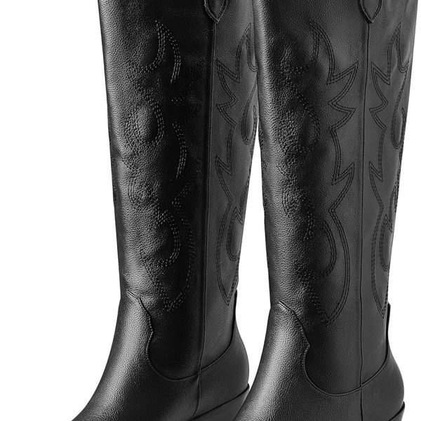 White Cowgirl Boot Cowboy Boots for Women Embroidered Pull-On Chunky Stacked Heel Knee High Western Boots