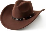 Women Men Classic Felt Wide Brim Western Cowboy Cowgirl Hat with Belt Buckle