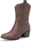 Cowboy Boots for Women, Mid Calf Cowgirl Boots with Embroidery Round Toe Western Chunky Low Heel Shoes