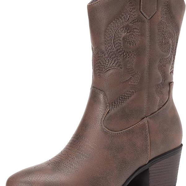 Cowboy Boots for Women, Mid Calf Cowgirl Boots with Embroidery Round Toe Western Chunky Low Heel Shoes