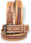 Western Belt for Men Handmade Full Grain Leather Beaded Tooled Cowboy Belt with Removable Buckle 1.5”