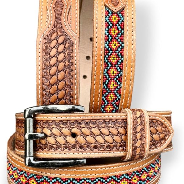 Western Belt for Men Handmade Full Grain Leather Beaded Tooled Cowboy Belt with Removable Buckle 1.5”