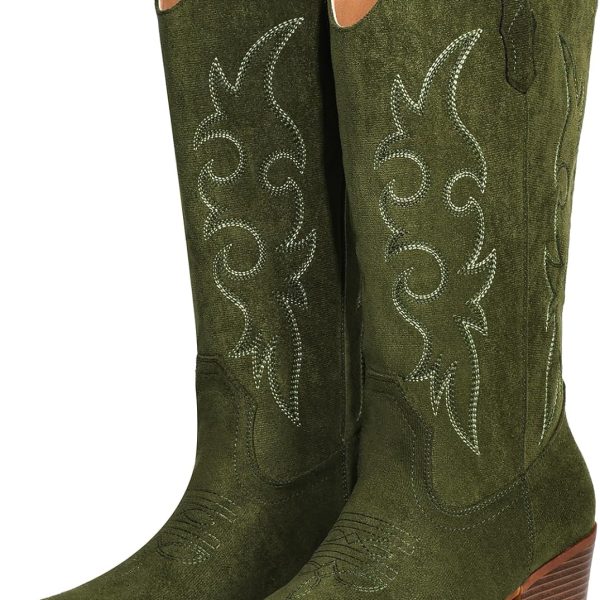 Cowboy Boots For Women Western Cowgirl Boots Mid Calf Snip Toe Boot With Chunky Heel