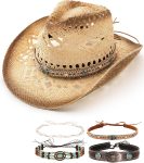 Straw Cowboy Hat for Women Men with 4-Style Decorative Bands Stiff Wide Brim Western Style Cowgirl Hat