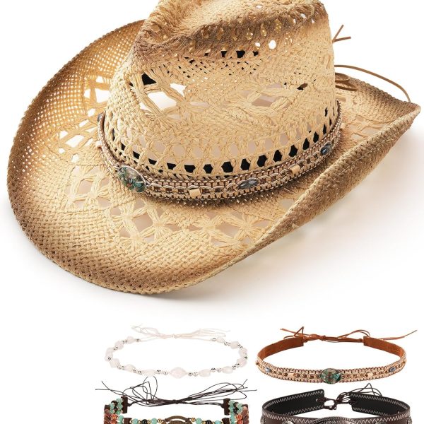 Straw Cowboy Hat for Women Men with 4-Style Decorative Bands Stiff Wide Brim Western Style Cowgirl Hat