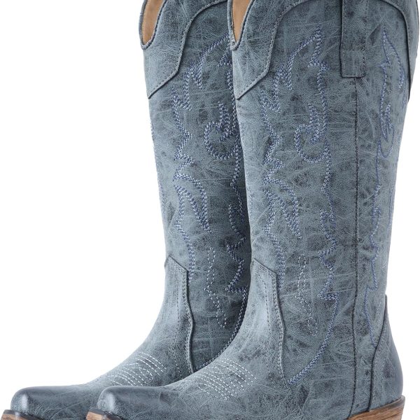 Cowboy Boots for Women Mid Calf Fashion Cowgirl Boots with Embroidery Western Snip Toe