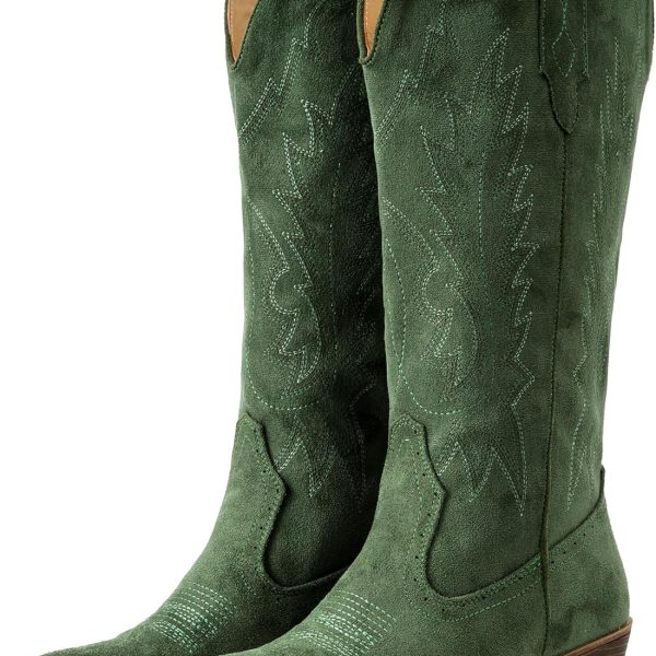 Suede Cowboy Boots For Women Chunky Heel Pointed Toe Cowgirl Boots Mid Calf Western Embroidery fall Boot