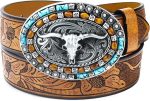 Women Western Cowboy Belt - PU Leather Longhorn Bull Turquoise Embossed Buckle Belt for Jeans Pants Dresses