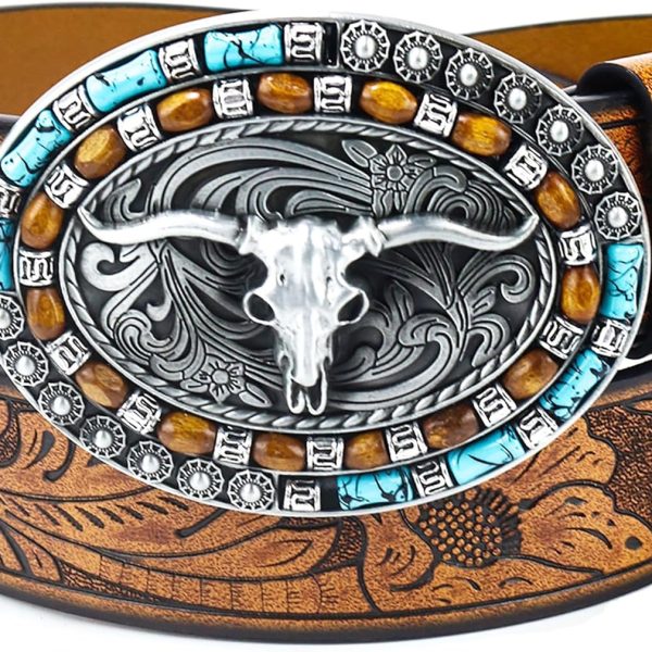 Women Western Cowboy Belt - PU Leather Longhorn Bull Turquoise Embossed Buckle Belt for Jeans Pants Dresses